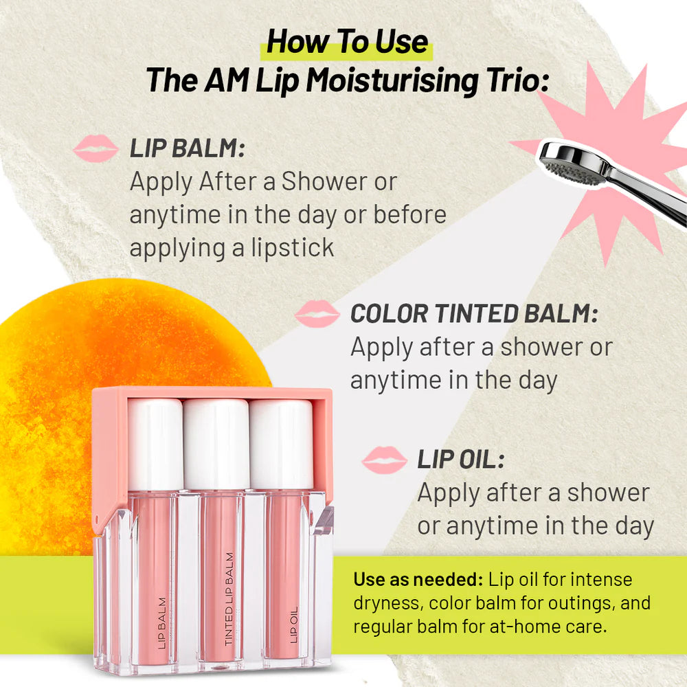 Korean AM Lip Care: Moisturizing Balm, Hydrating Oil & Tinted Balm