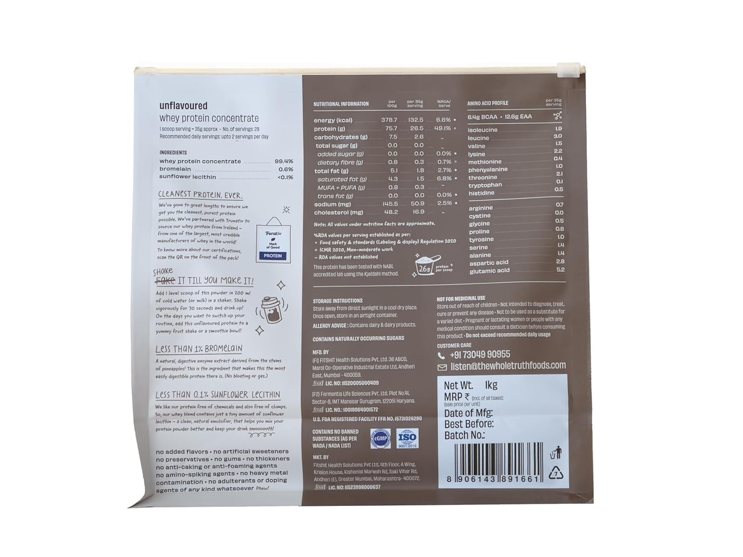 Unflavoured Raw Whey Protein Concentrate 26g