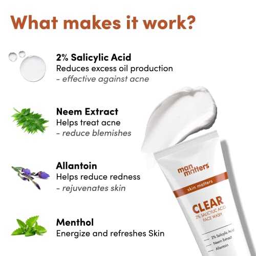 Man Matters Clear 2% Salicylic Acid Face Wash for Men | Helps to Reduce Acne, Dark Spots & Oil Production | Formulated with Salicylic Acid, Neem Extract and Menthol | 100ml