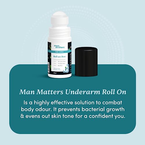 Man Matters Underarm Deodrant Roll-on 50 ml | Long Lasting Cooling Freshness, Removes Bad Odour, Brightens Underarms | 4% Lactic acid, 1% Aloe Vera & Menthol | Aluminium Free | Suitable for Sensitive Skin