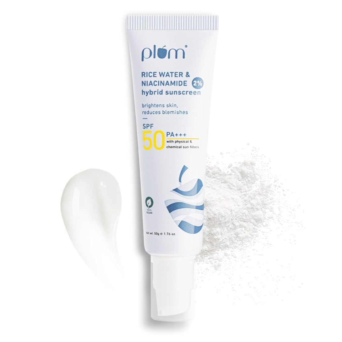 Plum Niacinamide & Rice Water Hybrid Face Sunscreen with SPF 50 PA+++ | Protects & Brightens Skin | No White Cast | Reduces Blemishes | UVA & UVB Protection | All Skin Types | 100% Vegan | 15 g