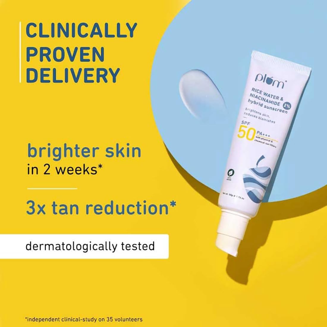 Plum Niacinamide & Rice Water Hybrid Face Sunscreen with SPF 50 PA+++ | Protects & Brightens Skin | No White Cast | Reduces Blemishes | UVA & UVB Protection | All Skin Types | 100% Vegan | 15 g