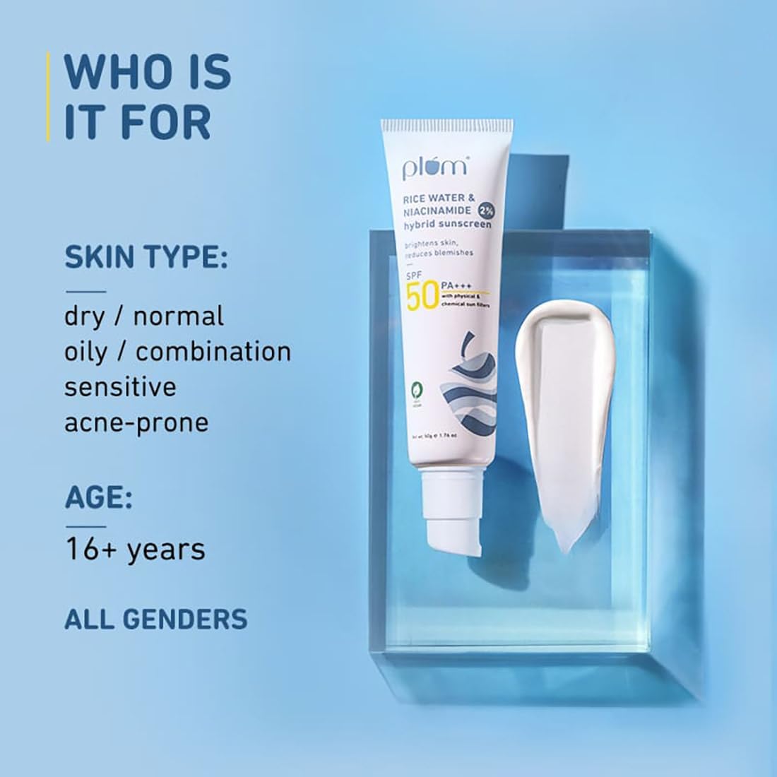 Plum Niacinamide & Rice Water Hybrid Face Sunscreen with SPF 50 PA+++ | Protects & Brightens Skin | No White Cast | Reduces Blemishes | UVA & UVB Protection | All Skin Types | 100% Vegan | 15 g