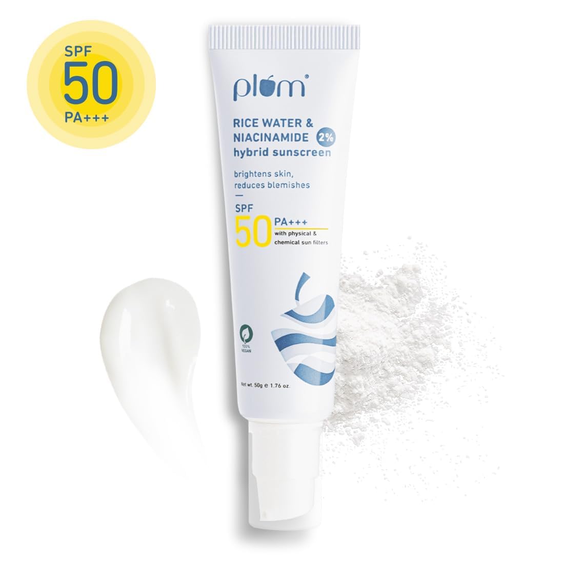 Plum Niacinamide & Rice Water Hybrid Face Sunscreen with SPF 50 PA+++ | Protects & Brightens Skin | No White Cast | Reduces Blemishes | UVA & UVB Protection | All Skin Types | 100% Vegan | 15 g