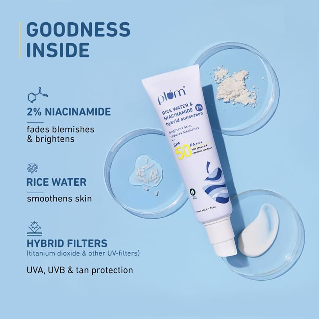 Plum Niacinamide & Rice Water Hybrid Face Sunscreen with SPF 50 PA+++ | Protects & Brightens Skin | No White Cast | Reduces Blemishes | UVA & UVB Protection | All Skin Types | 100% Vegan | 15 g