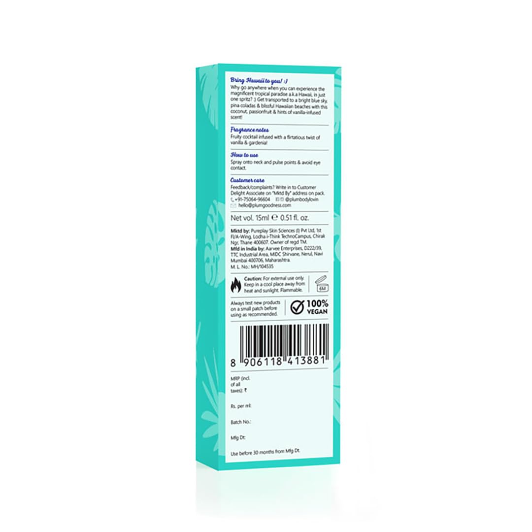 Plum BodyLovin' Hawaiian Rumba Eau De Parfum| Long Lasting & Premium Beachy Fragrance | Luxury Perfume For Women & Men | Mandarin, Gardenia & Vanilla Notes | Travel-Friendly | High On Fun (15 ml)