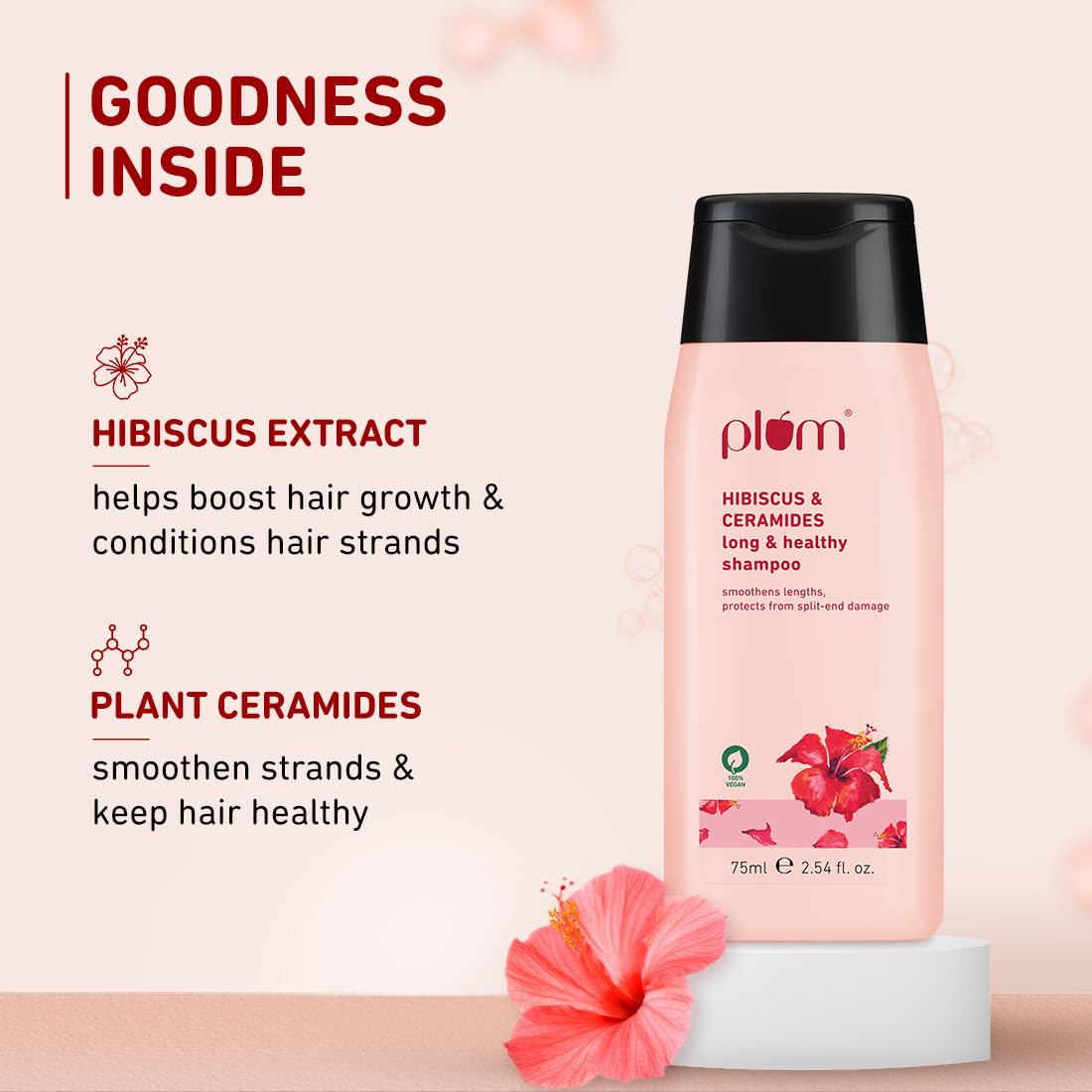 Plum Hibiscus & Ceramides Shampoo | For Silky, Smooth, Long Hair & Split End Repair | Shampoo for Women and Men | 75ml