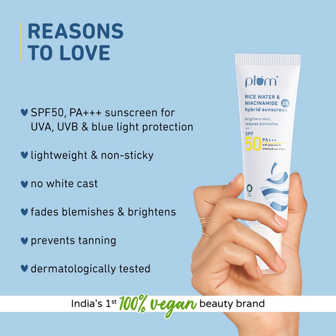 Plum Niacinamide & Rice Water Hybrid Face Sunscreen with SPF 50 PA+++ | Protects & Brightens Skin | No White Cast | Reduces Blemishes | UVA & UVB Protection | All Skin Types | 100% Vegan | 15 g