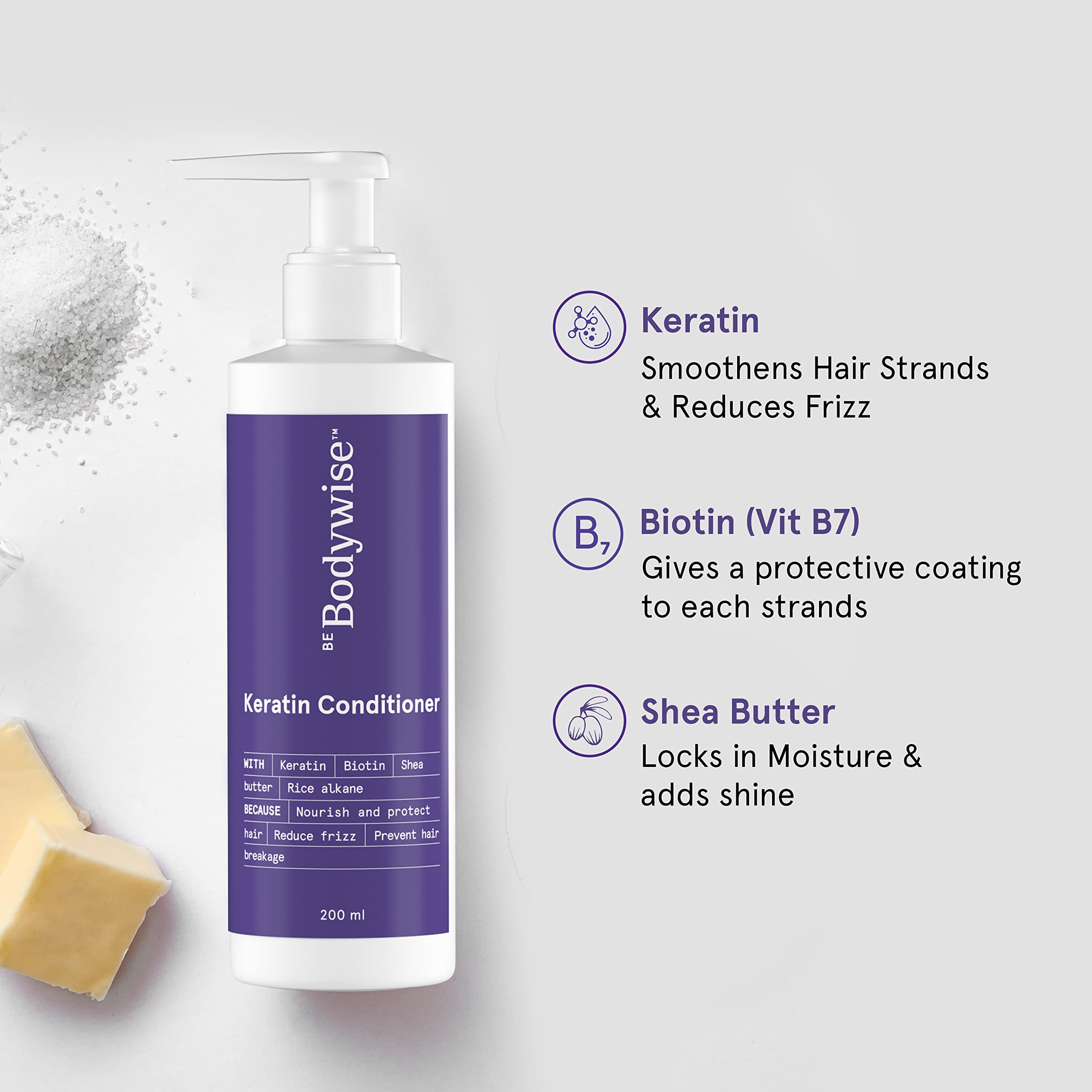 Bodywise Keratin Conditioner, Paraben & Sls Free, Reduces Frizz, Locks In Moisture, Keratin, Silk Protein, Biotin & Shea Butter, 200 Millilitre - All