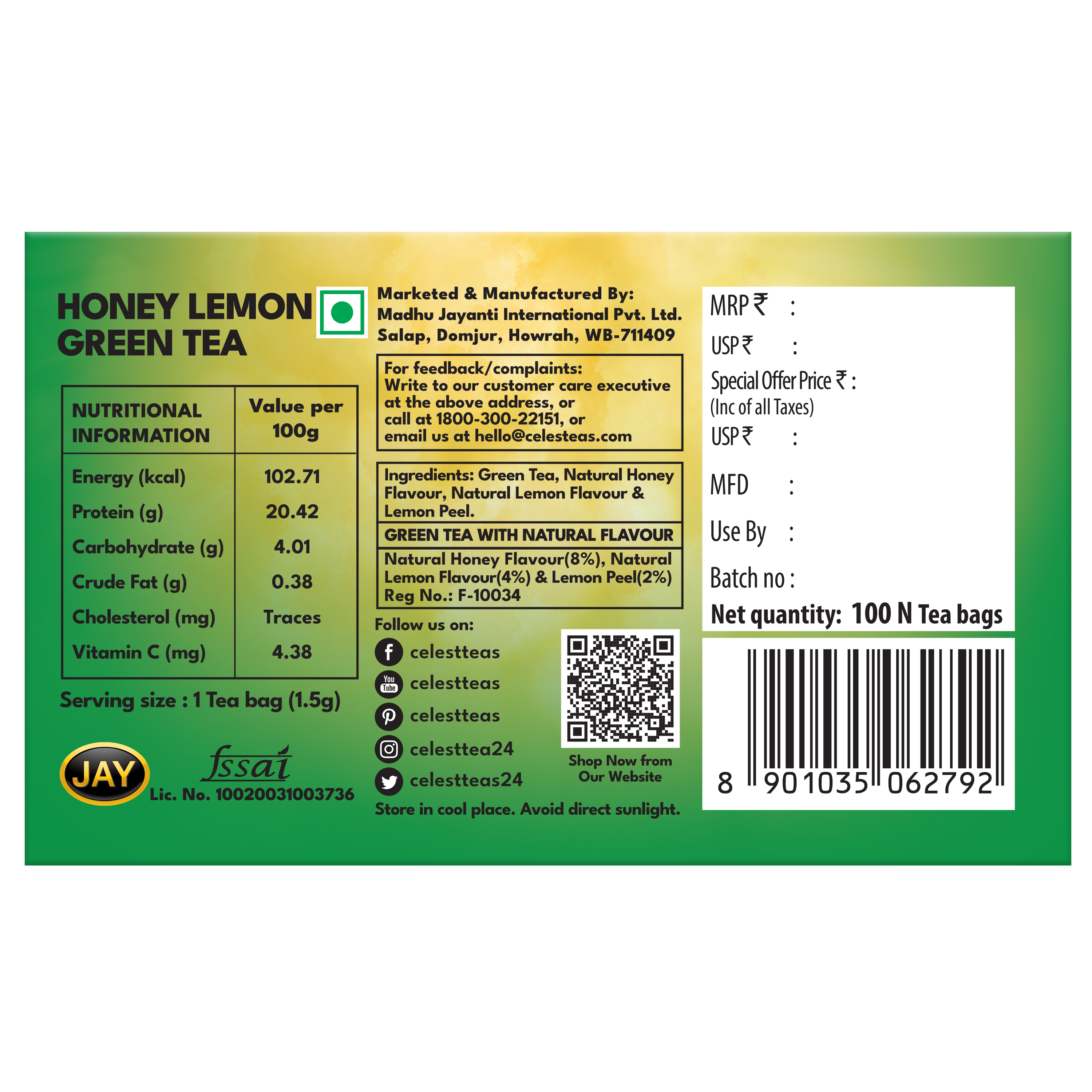 Celest Honey Lemon Green Tea Bags