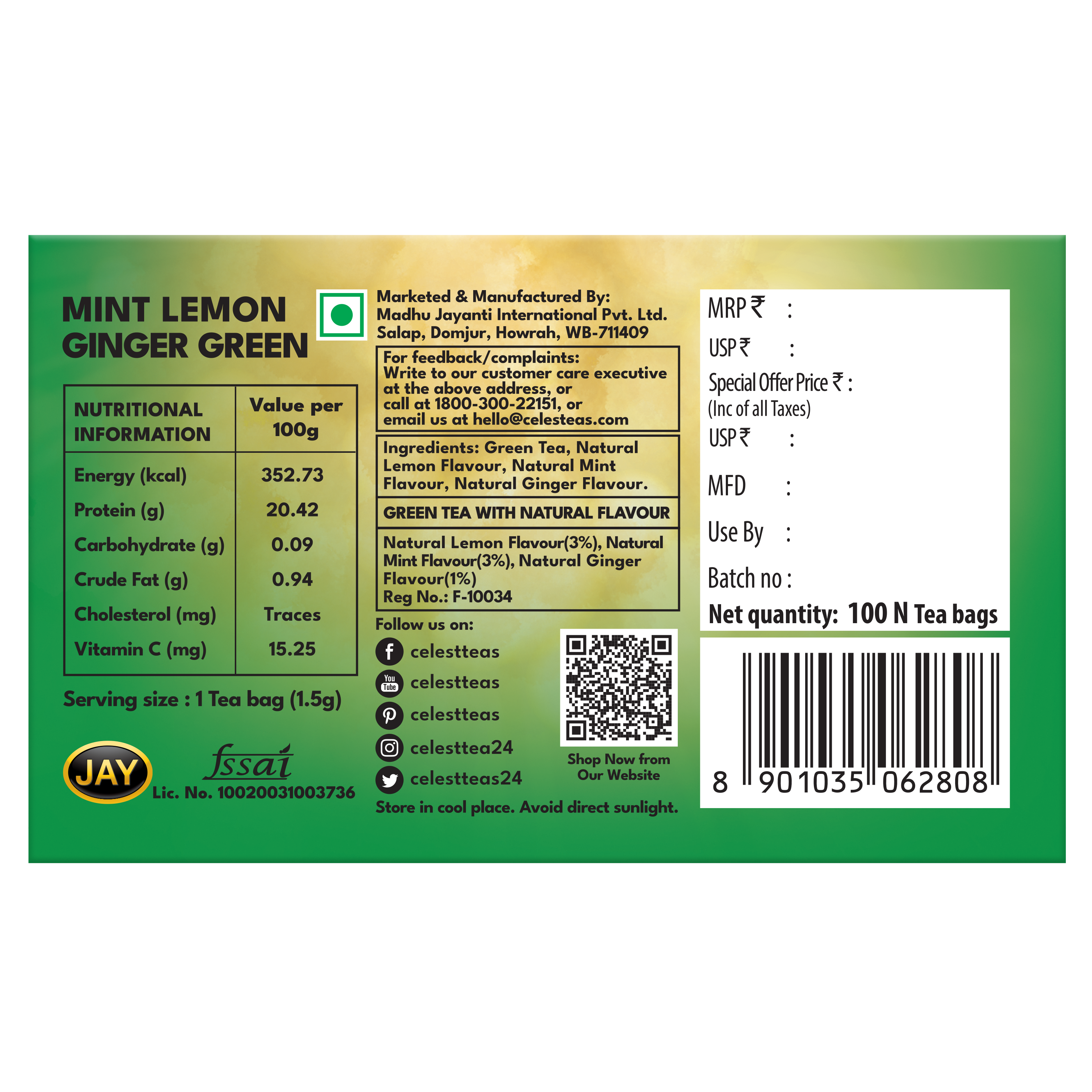 Celest Mint Lemon Ginger Green Tea Bags